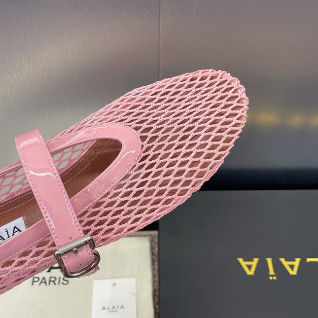 ALAIA MARY JANE FLAT 25S IN LIGHT PINK MESH CALFSKIN