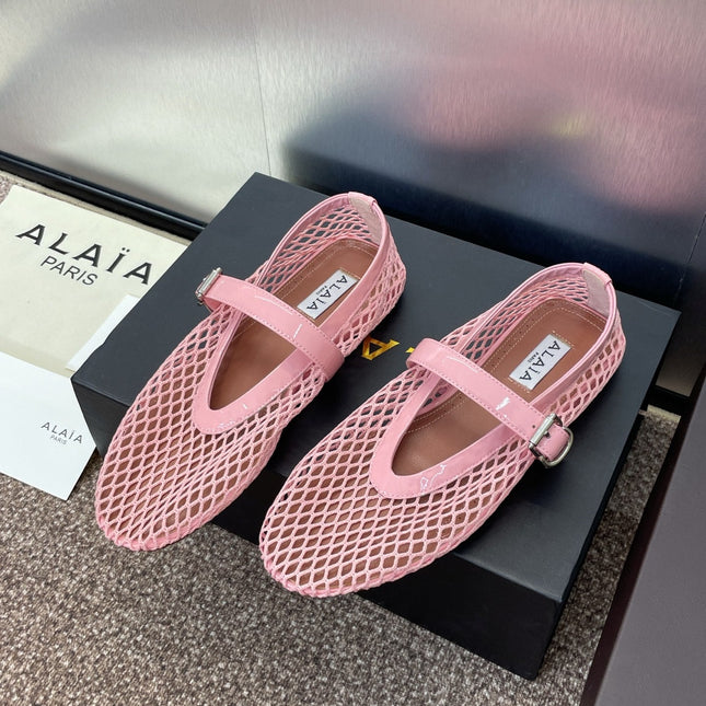 ALAIA MARY JANE FLAT 25S IN LIGHT PINK MESH CALFSKIN