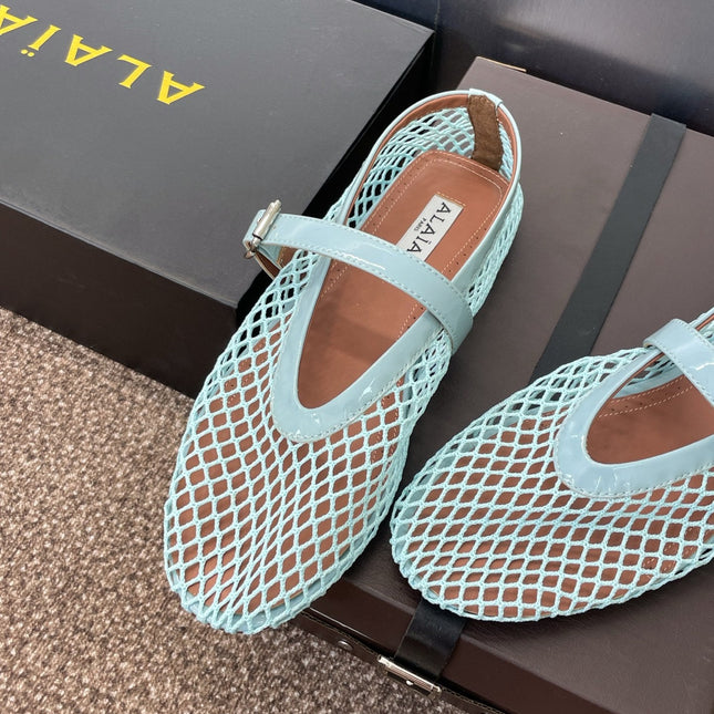 ALAIA MARY JANE FLAT 25S IN PASTEL BLUE MESH CALFSKIN