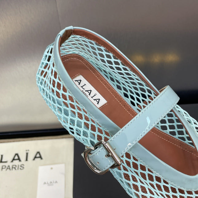 ALAIA MARY JANE FLAT 25S IN PASTEL BLUE MESH CALFSKIN