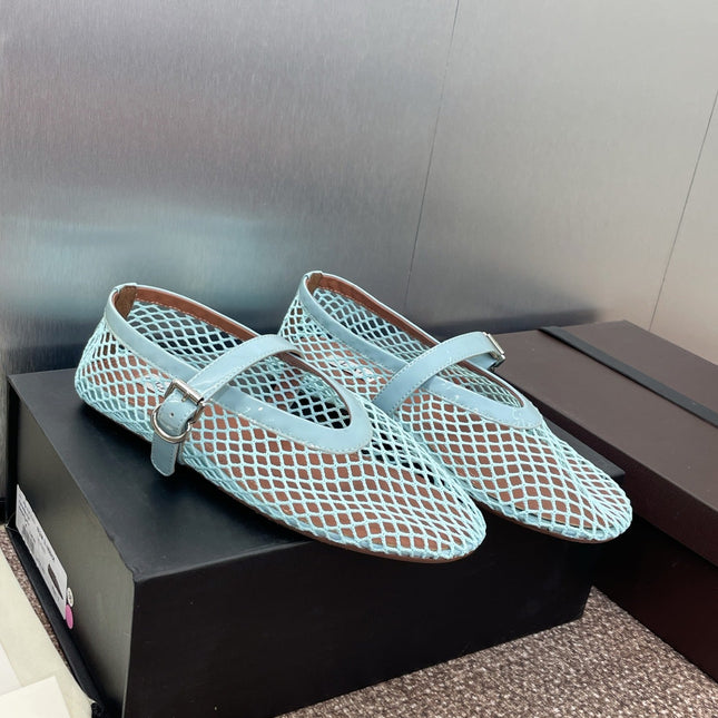 ALAIA MARY JANE FLAT 25S IN PASTEL BLUE MESH CALFSKIN