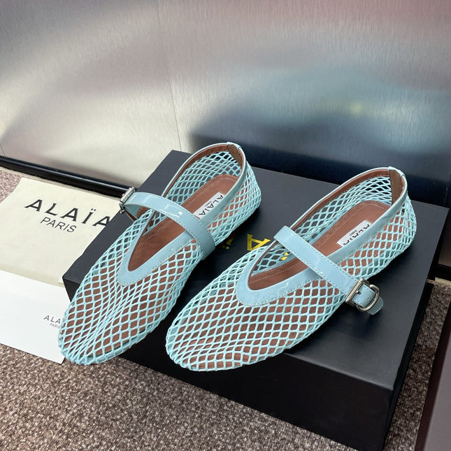ALAIA MARY JANE FLAT 25S IN PASTEL BLUE MESH CALFSKIN