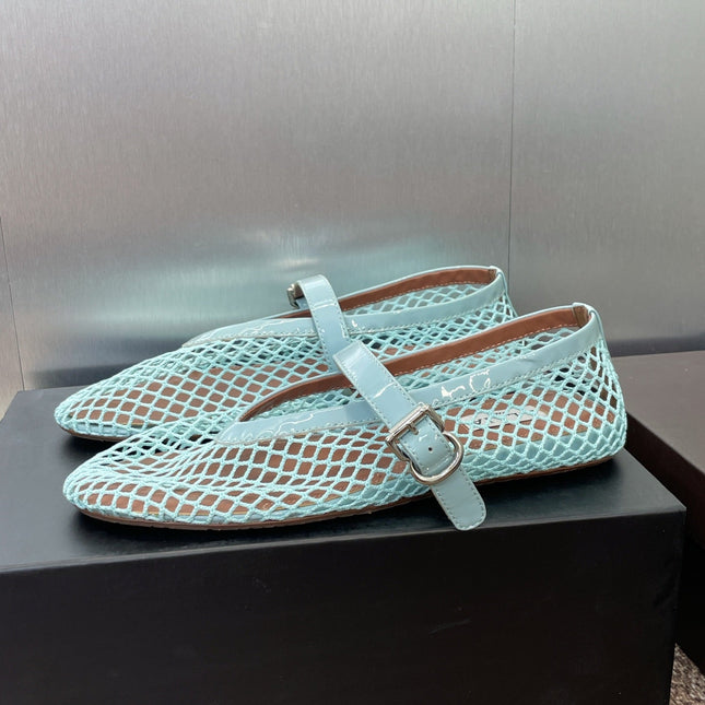 ALAIA MARY JANE FLAT 25S IN PASTEL BLUE MESH CALFSKIN