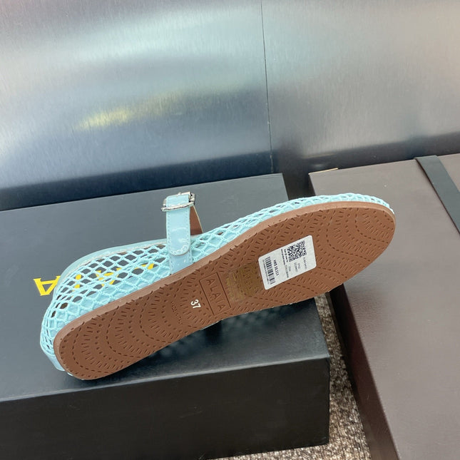 ALAIA MARY JANE FLAT 25S IN PASTEL BLUE MESH CALFSKIN