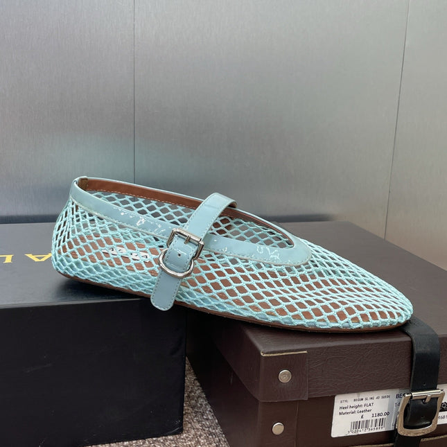 ALAIA MARY JANE FLAT 25S IN PASTEL BLUE MESH CALFSKIN