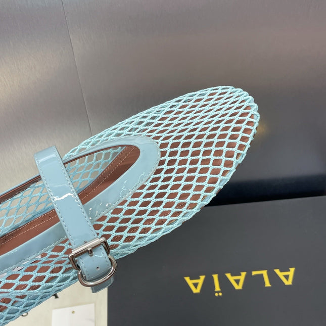 ALAIA MARY JANE FLAT 25S IN PASTEL BLUE MESH CALFSKIN