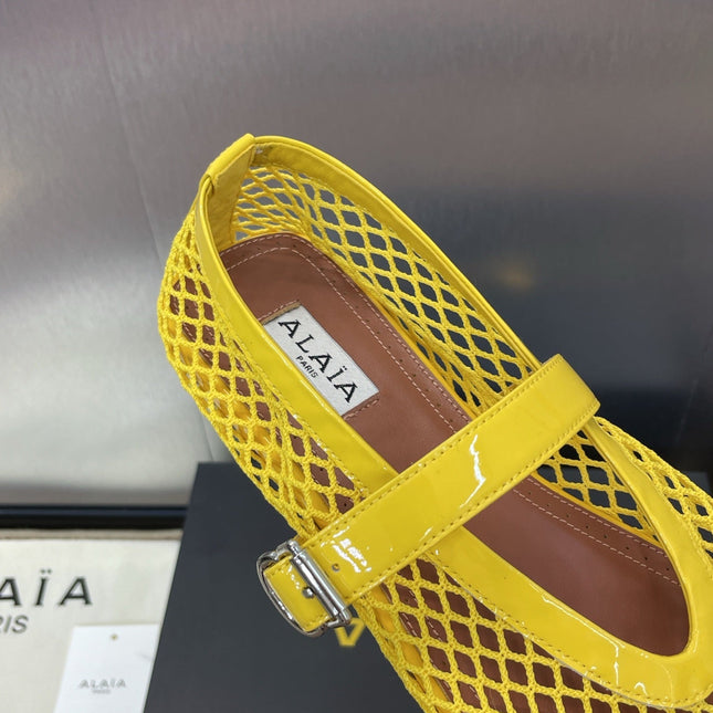 ALAIA MARY JANE FLAT 25S IN YELLOW MESH CALFSKIN