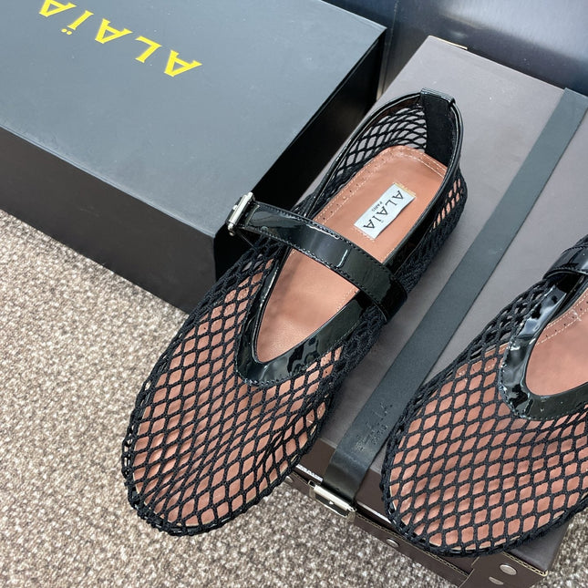 ALAIA MARY JANE FLAT 25S IN BLACK MESH CALFSKIN