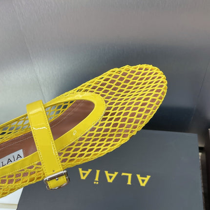 ALAIA MARY JANE FLAT 25S IN YELLOW MESH CALFSKIN
