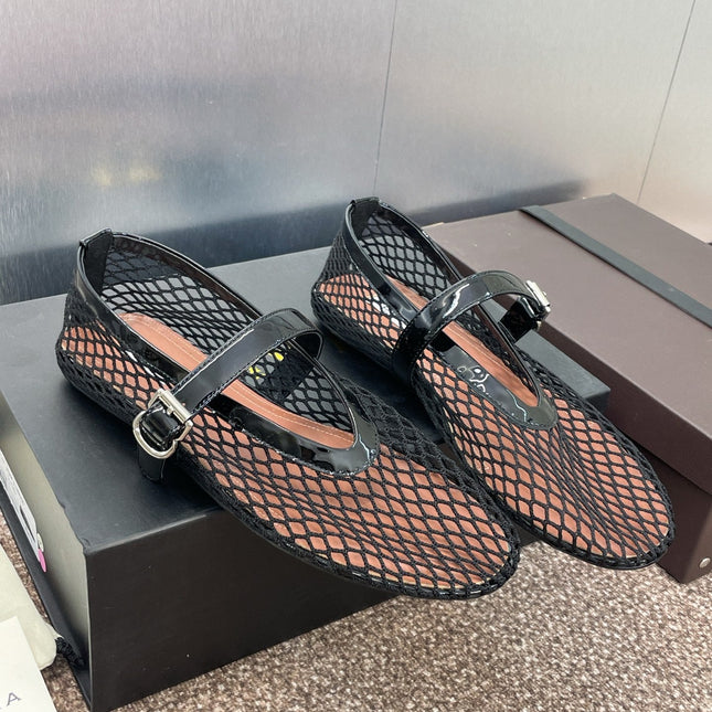 ALAIA MARY JANE FLAT 25S IN BLACK MESH CALFSKIN