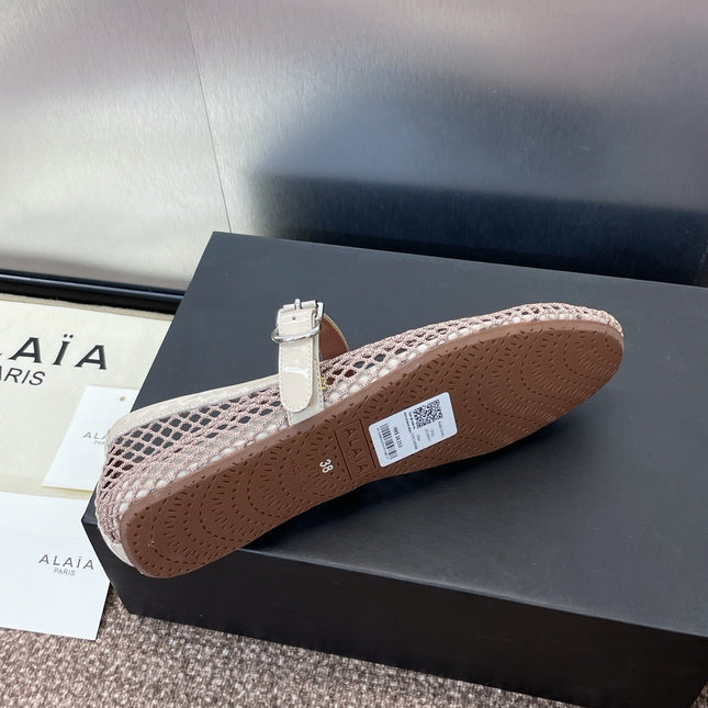 ALAIA MARY JANE FLAT 25S IN CREAM WHITE MESH CALFSKIN