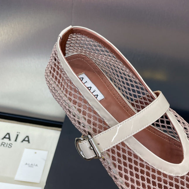 ALAIA MARY JANE FLAT 25S IN CREAM WHITE MESH CALFSKIN