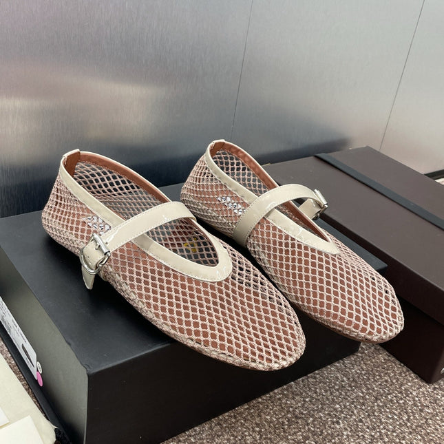ALAIA MARY JANE FLAT 25S IN CREAM WHITE MESH CALFSKIN