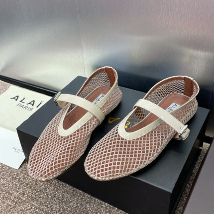 ALAIA MARY JANE FLAT 25S IN CREAM WHITE MESH CALFSKIN