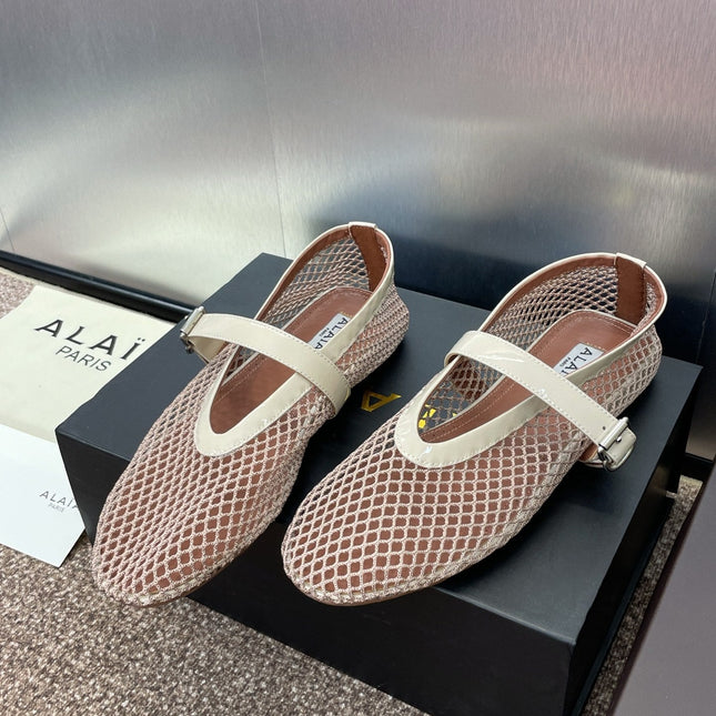 ALAIA MARY JANE FLAT 25S IN CREAM WHITE MESH CALFSKIN