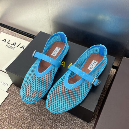 ALAIA MARY JANE FLAT 25S IN BLUE MESH CALFSKIN