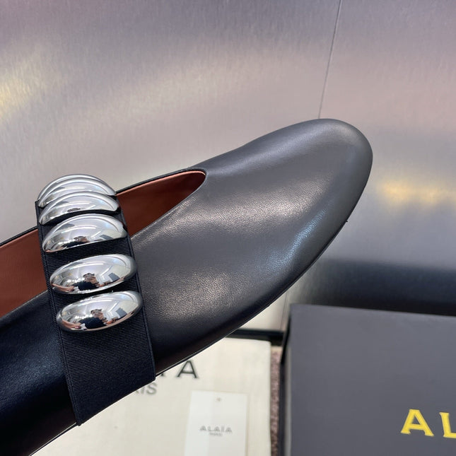 ALAIA MARY JANE FLATS 25S IN BLACK CALFSKIN WITH SILVER HARDWARE