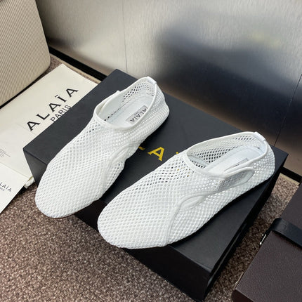 ALAIA MESH MARY JANE BALLET FLATS 25S IN WHITE FABRIC