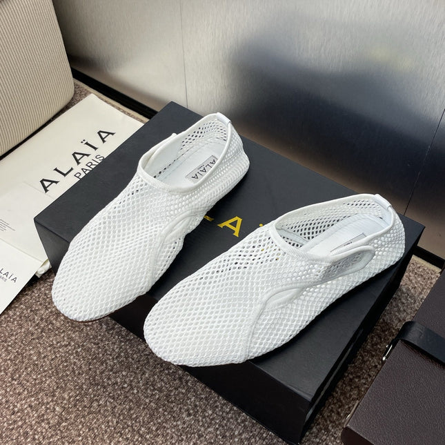 ALAIA MESH MARY JANE BALLET FLATS 25S IN WHITE FABRIC