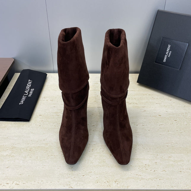 YSL 25S NIKI POINTED-HEEL ANKLE BOOTS 95 MM IN DARK BROWN SUEDE WITH GOLD HARDWARE