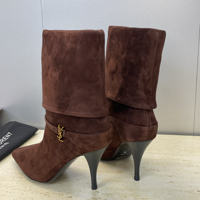YSL 25S NIKI POINTED-HEEL ANKLE BOOTS 95 MM IN DARK BROWN SUEDE WITH GOLD HARDWARE