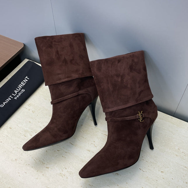 YSL 25S NIKI POINTED-HEEL ANKLE BOOTS 95 MM IN DARK BROWN SUEDE WITH GOLD HARDWARE