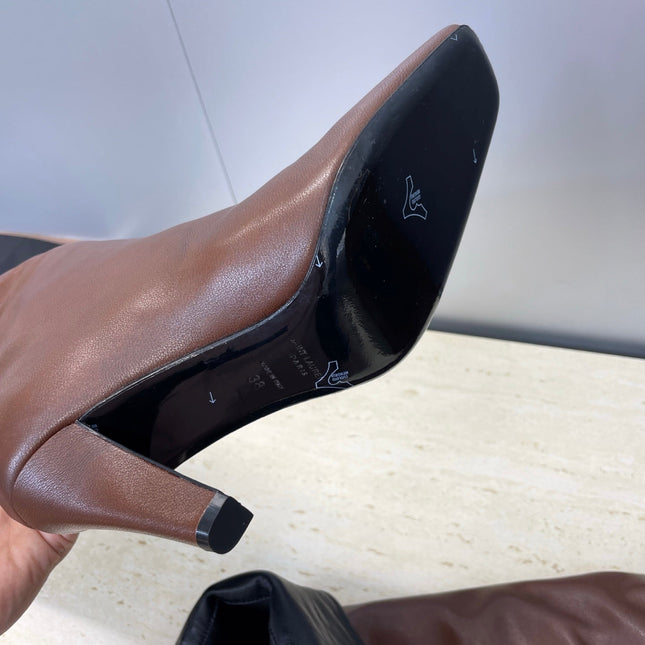 YSL 25S HIGH‑HEEL FRINGED MARTIN BOOTS 90 MM IN DARK BROWN LAMBSKIN