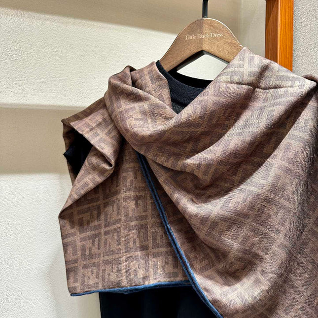 FF SHAWL 185 CM IN COFFEE BROWN SILK AND WOOL WITH BLUE BORDER 413672