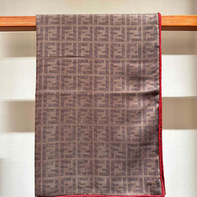 FF SHAWL 185 CM IN COFFEE BROWN SILK AND WOOL WITH RED BORDER 413673