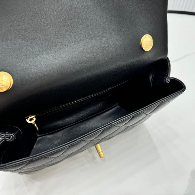 CHANEL 25S FLAP BAG 23 CM IN BLACK LAMBSKIN WITH PEARL TOP HANDLE