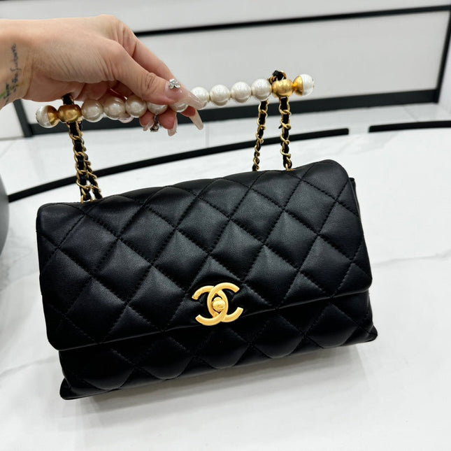 CHANEL 25S FLAP BAG 23 CM IN BLACK LAMBSKIN WITH PEARL TOP HANDLE