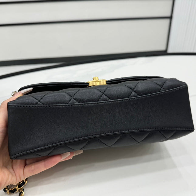 CHANEL 25S FLAP BAG 23 CM IN BLACK LAMBSKIN WITH PEARL TOP HANDLE
