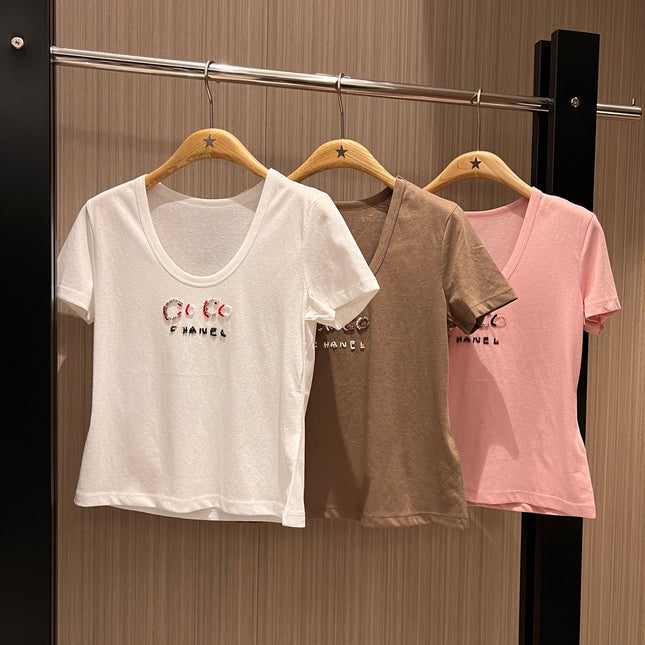 CC Hand-beaded Coco letter U-neck T-shirt Cotton