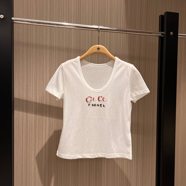 CC Hand-beaded Coco letter U-neck T-shirt Cotton