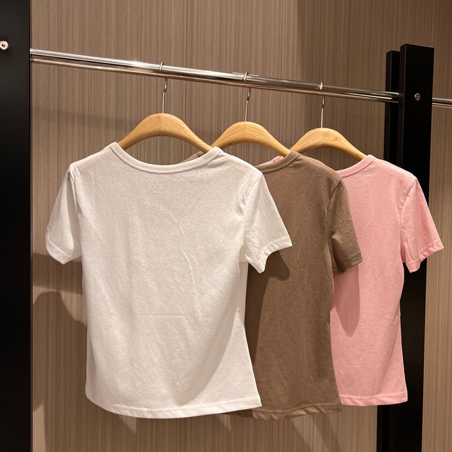 CC Hand-beaded Coco letter U-neck T-shirt Cotton