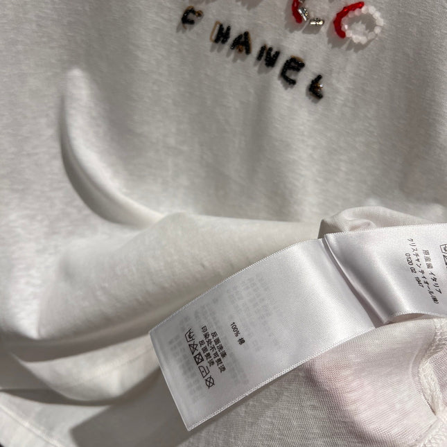 CC Hand-beaded Coco letter U-neck T-shirt Cotton