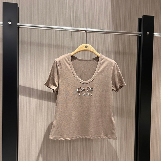 CC Hand-beaded Coco letter U-neck T-shirt Cotton