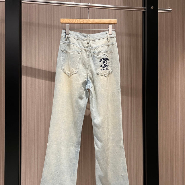 CC Double C Printed Ripped Jeans Retro Light Blue Cotton