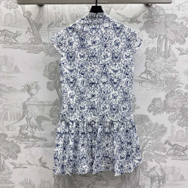 CD Short Dress White Cotton Muslin with Blue Butterfly Motif