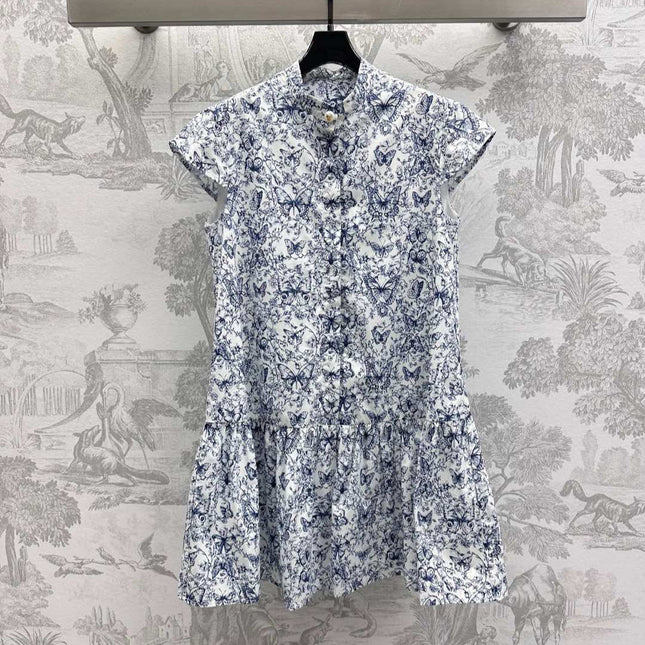 CD Short Dress White Cotton Muslin with Blue Butterfly Motif