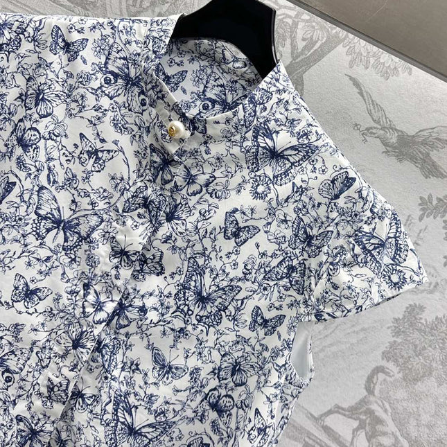 CD Short Dress White Cotton Muslin with Blue Butterfly Motif