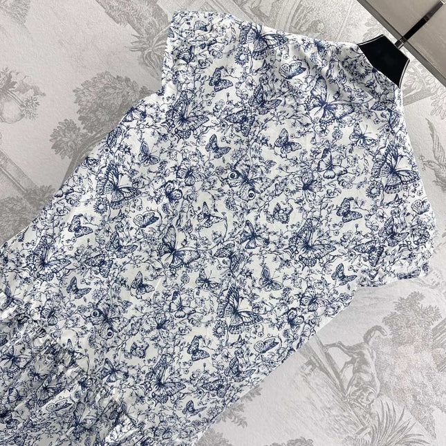 CD Short Dress White Cotton Muslin with Blue Butterfly Motif