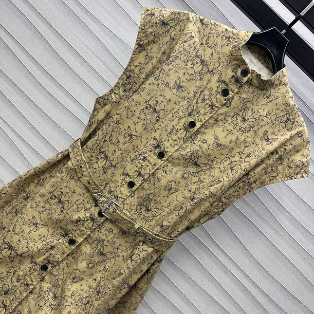 CD Short Belted Shirtdress Beige Cotton Gabardine with Black Motif