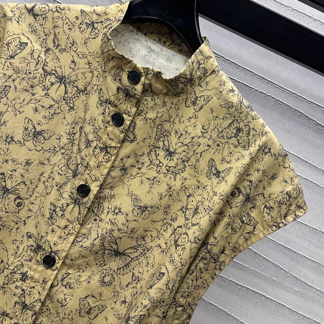 CD Short Belted Shirtdress Beige Cotton Gabardine with Black Motif