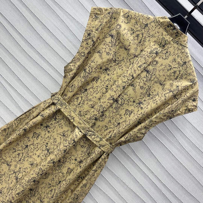 CD Short Belted Shirtdress Beige Cotton Gabardine with Black Motif