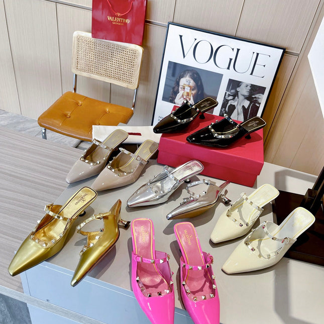 ROCKSTUD CAGED MULES 5 CM IN DEEP PINK CALFSKIN