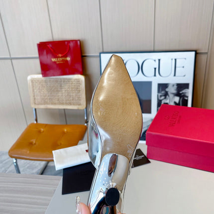 ROCKSTUD CAGED MULES 5 CM IN SILVER CALFSKIN