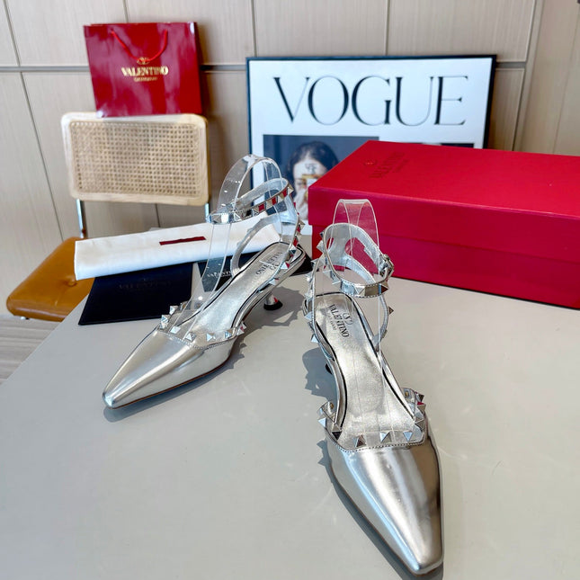 ROCKSTUD CAGED SLINGBACKS 5 CM IN SILVER CALFSKIN