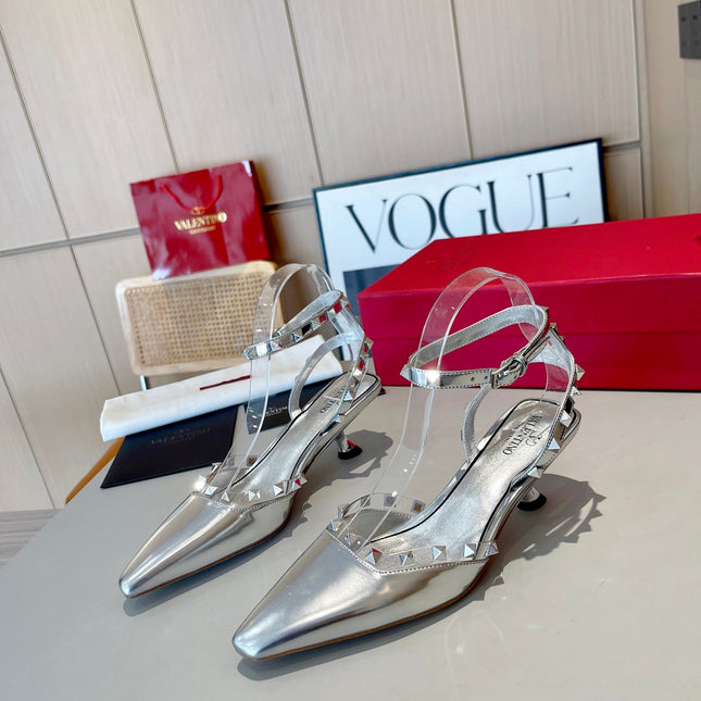 ROCKSTUD CAGED SLINGBACKS 5 CM IN SILVER CALFSKIN