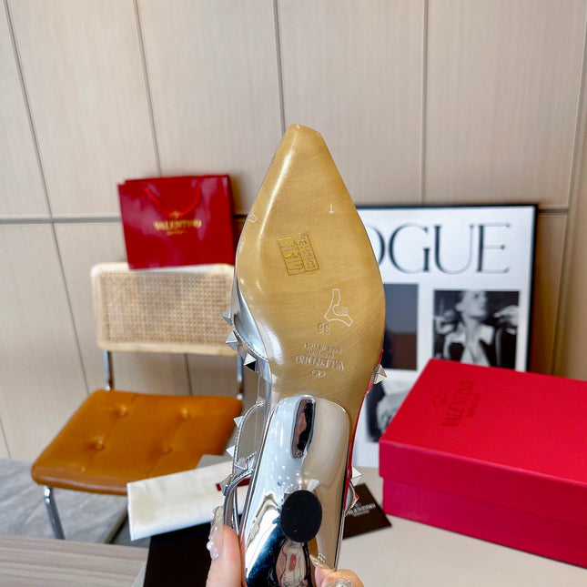 ROCKSTUD CAGED SLINGBACKS 5 CM IN SILVER CALFSKIN